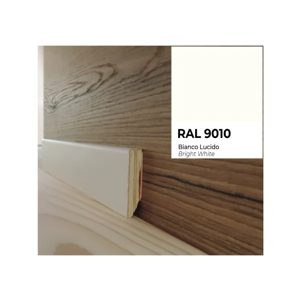 Onlywood Battiscopa Legno BIANCO Laccato RAL 9010 – 50 x 13 mm – Asta da 2,4 Metri