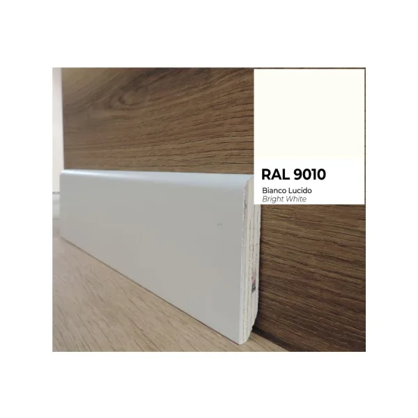 Onlywood Battiscopa Legno BIANCO Laccato RAL 9010 – 80 x 13 mm – Asta da 2,4 Metri