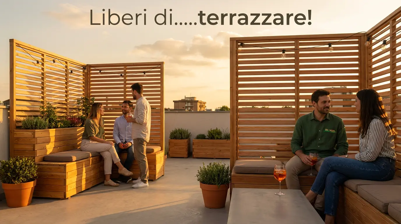 Privacy in terrazzo con pannelli in legno