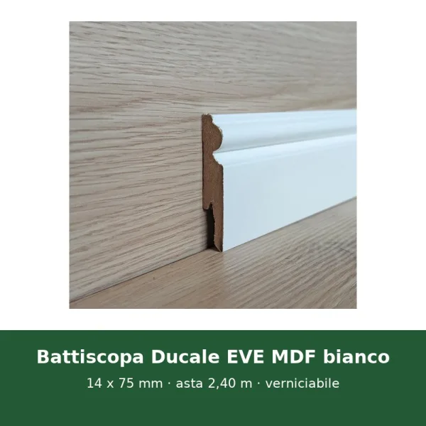 Onlywood Battiscopa in fibra di legno Mdf Bianco Ducale EVE - 14 x 75 mm - Asta da 2,4 m - Verniciabile