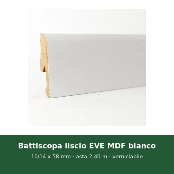 Battiscopa liscio EVE MDF bianco 10/14 x 58 mm, asta 2,40 m, verniciabile