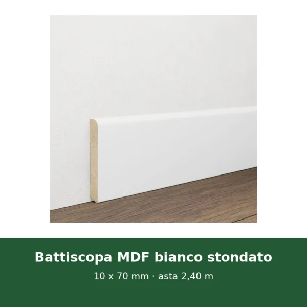 Onlywood Battiscopa in fibra di legno Mdf Bianco Stondato - 10 x 70 mm - Asta da 2,4 Metri